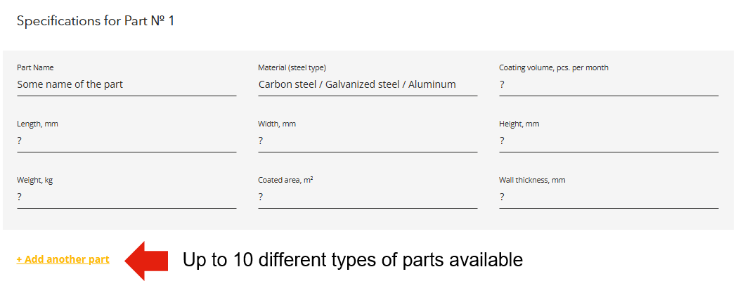 Required physical characteristics of parts for the technical assignment of a powder coating line