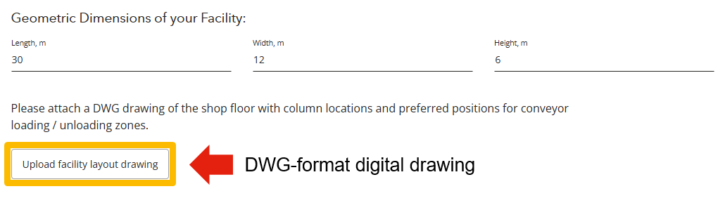 Example of filling out facility dimensions in the TA form for a powder coating line