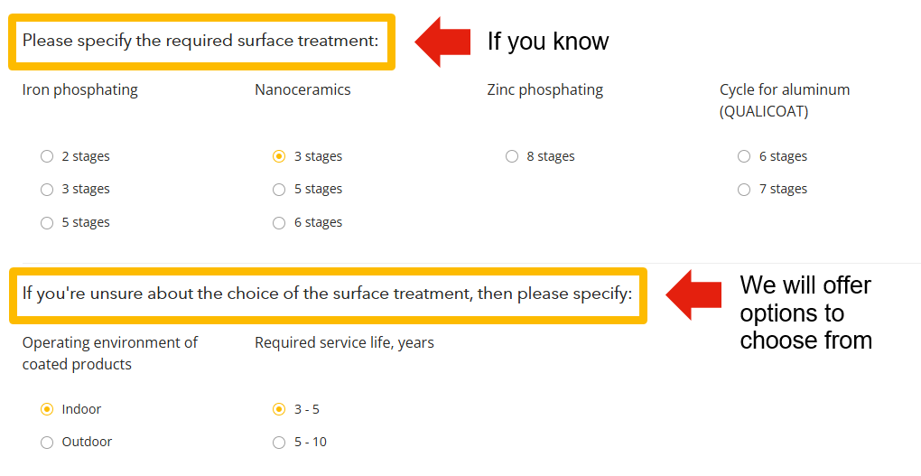 Example of selecting a surface preparation cycle or operating conditions in the TA form