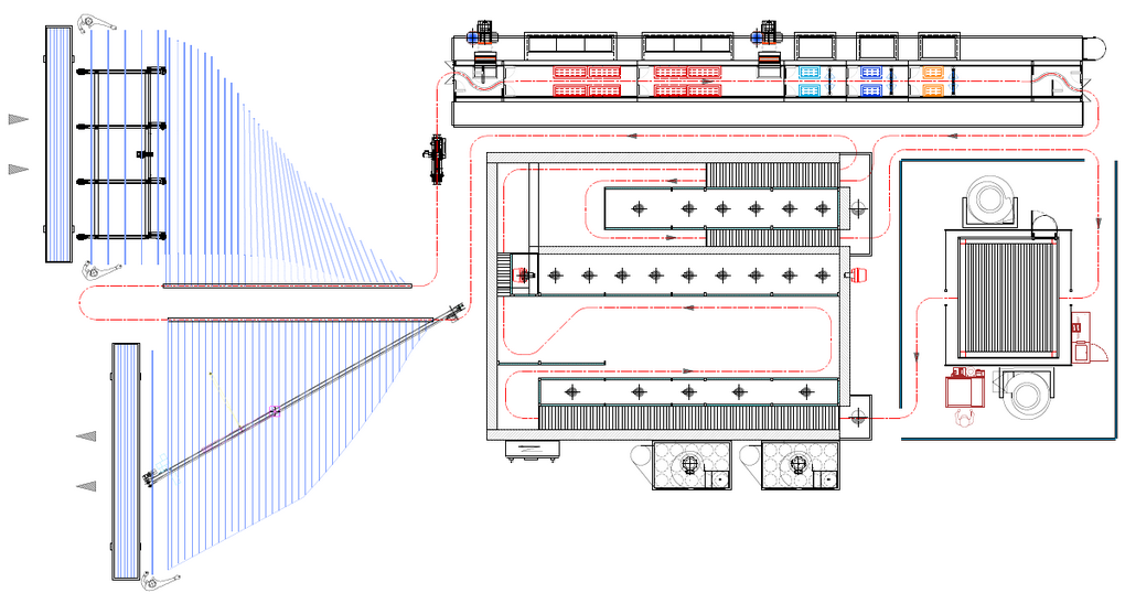 The image shows a diagram of a vertical painting line for aluminum profiles.