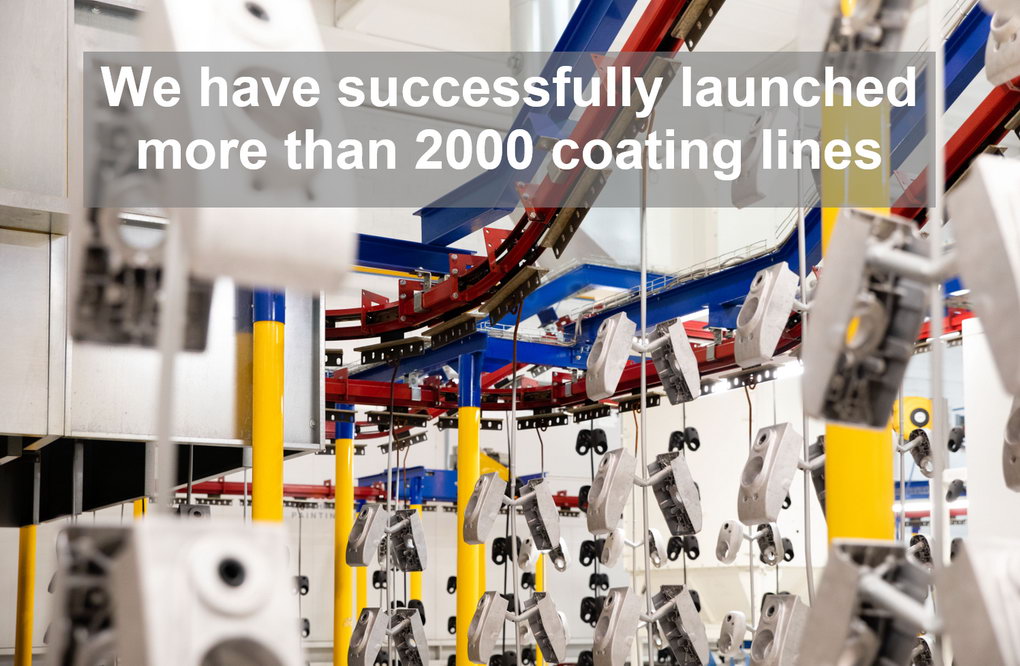 The image depicts a powder coating line, and the text on the plaque reads: "We have successfully launched more than 2000 EUROIMPIANTI coating lines"